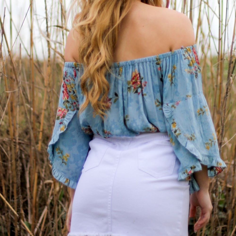 Blue Rain Boho Off Shoulder Bell Sleeve Sleeve Top
